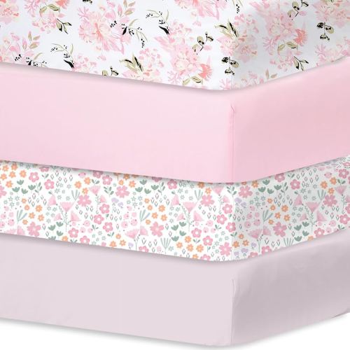 Little Grape Land Baby Crib Sheets Set for Boys & Girls, 4-Pack Soft & Breathable Microfiber, 52"x28" Fitted Sheets for Standard Toddler Crib Mattress, Cute Patterns – Flower