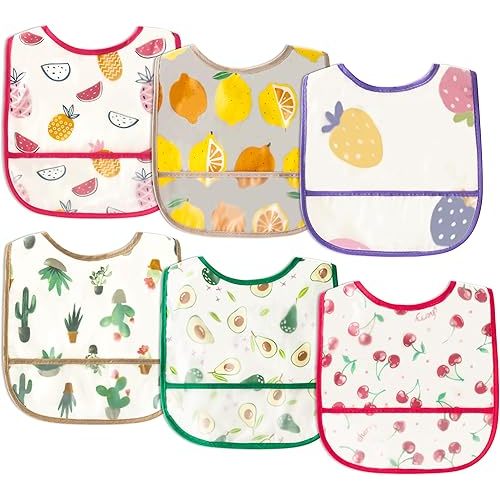 6Pcs Baby Bibs for Eating Toddler Feeding Bibs with Crumb Catcher Pocket Fruit Adjustable Sleeveless Teething Plastic Food Bib Set Waterproof Infant Keepsake Gift for Baby Shower, 6-24 Months