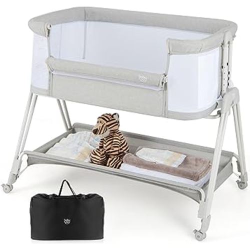BABY JOY Bassinet Bedside Sleeper, Easy Folding Baby Crib w/All-Side Mesh, Storage Shelf, 7 Adjustable Heights, Mattress & Travel Bag for Safe Co-Sleeping, Portable Baby Bed for Newborn Infant -Gray