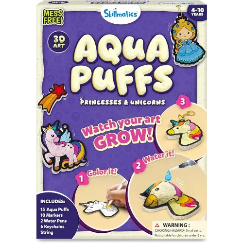 Skillmatics 3D Art Kit - Aqua Puffs Princesses & Unicorns, Mess-Free Paint by Number Craft for Kids, DIY Color & Inflate Activity, Travel & Creative Gift for Girls & Boys Ages 4, 5, 6, 7, 8, 9, 10