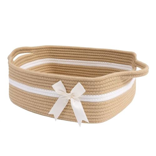 CHICVITA Small Woven Rope Gift Basket, Baby Nursery Storage Baskets for Towels, Snacks, Toys, Diapers, Rectangle Shelf Baskets for Bathroom, Cute Brown Basket, 13 x 9.8 x 5 inches
