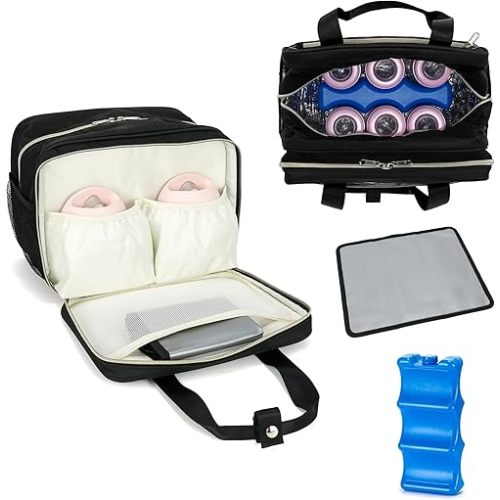 Breastmilk Cooler Bag with Ice Pack,Fits 6 Baby Bottles Up to 9 Ounce Breast Milk Cooler Travel Bag Compatible with Wearable Breast Pumps & Accessories for Nursing Mom Daycare Black