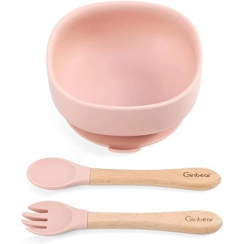 Ginbear Suction Bowls for Baby Girl, Baby Led Weaning Spoon and Fork, Baby Dishes and Utensils Set for Toddlers, Silicone Baby Feeding Set 6-12 Months (Baby Pink)