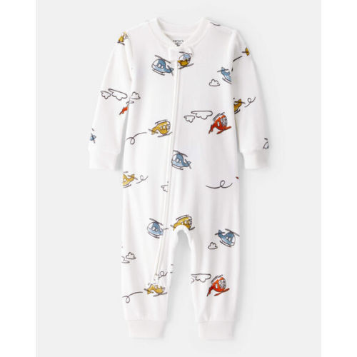 Baby Boy Helicopter Print DreamPlush Snug Fit Long-Sleeve 2-Way Zip 1-Piece Pajamas - White - Carter's | Carter's
