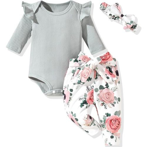Aalizzwell Preemie Newborn Infant Baby Girls Clothes Ribbed Romper Bodysuit Pants Set Fall Winter Outfits - Floral Green - 3-6 Months