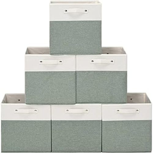 13 x 13 Inch Fine Linen Storage Bins with Handles,Fabric Cube Boxs,Collapsible Basket Organizers for Shelves for Home, Closet Drawers (White/Green-6 Pack)
