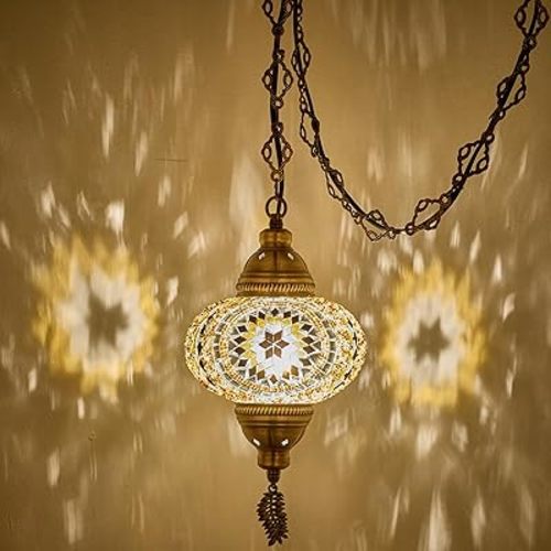 DEMMEX Plug-in Turkish Moroccan Mosaic Hanging Pendant Ceiling Light – Swag Lamp Fixture with 15ft Cord & Chain, Handcrafted Glass, Vintage Tiffany Style, Mediterranean Exotic Decor, (Brown Amber)