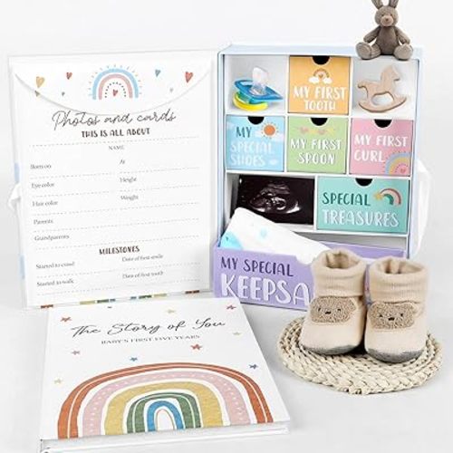 Baby Keepsake Box Baby Memory Book Boho Rainbow Memory Organizer Box with 9 Labeled Compartments Gifts for Boy Girl First 5 Year Scrapbook Journal Photo Album Baby Shower for Mom Gifts