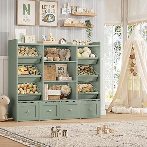 HITHOS 55" W Kids Toy Storage Organizer with 10 Toy Box & Book Shelf, Green