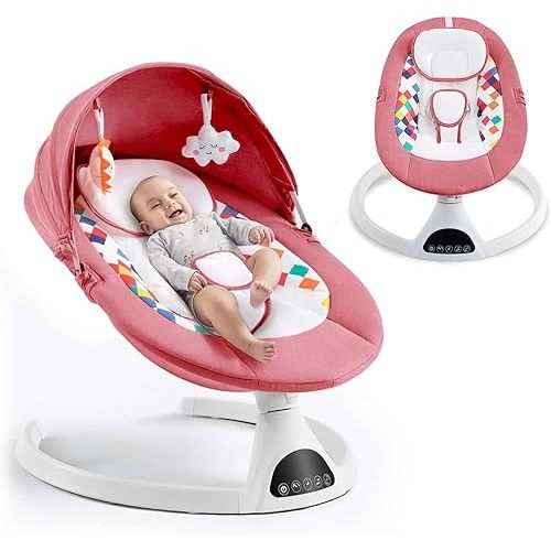 Baby Swing for Infants,Electric Bouncer for Babies,Portable Swing for Baby Boy Girl,Remote Control Indoor Baby Rocker with 5 Sway Speeds,Music and Bluetooth,Pink