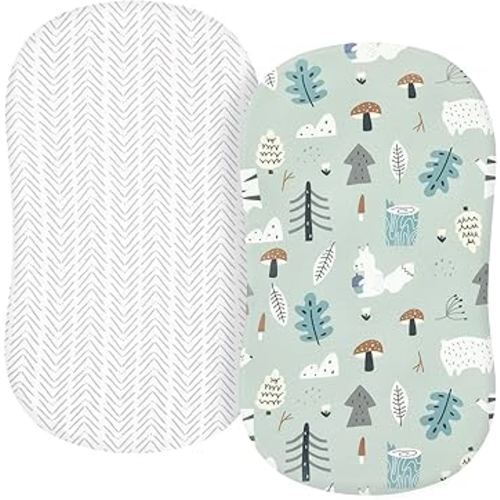 TILLYOU Baby Bassinet Sheets for Girls Boys 2 Pack Baby Sheets for Square Rectangle Oval Bassinet Mattress 33X16 Inch, Jungle Walk and White Stripes