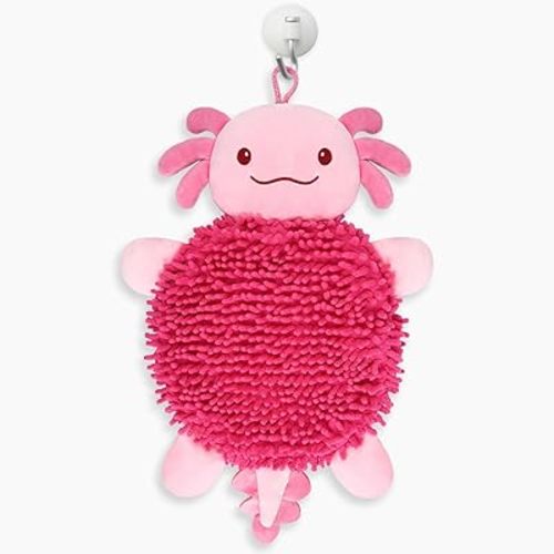 Hand Towel, Axolotl Pink Fuzzy Ball Hand Towels with Hanging Loops Soft Decorative Bathroom Towels, Quick Dry Chenille Microfiber Cute Hand Towels for Bathroom Kitchen