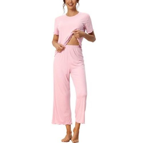 cheibear Women's Sleepwear Round Neck Soft Knit Short Sleeve Shirt with Pants Capri Pajamas Set Green Large