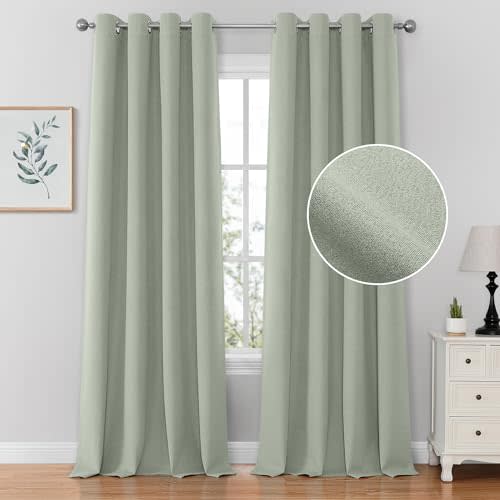 HOMEIDEAS 100% Sage Green Blackout Curtains for Bedroom Linen Curtains 84 Inch Length 2 Panels for Living Room Faux Linen Thermal Insulated Full Black Out Grommet Window Curtains/Drapes, W52 x L84