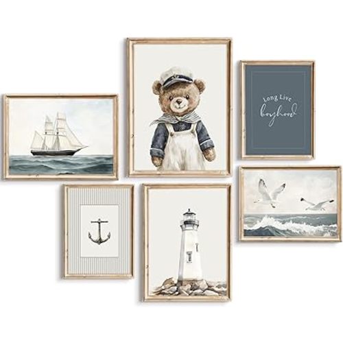 Teddy Bear Nursery Wall Art Baby Boys Room Canvas Poster Vintage Nursery Wall Decor Kids Room Coastal Prints Navy Sailor Bear Pictures Nautical Sailboat Painting Artwork for Bedroom 8x10x6 Inch Framed