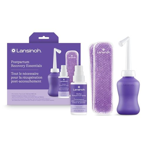 Lansinoh Postpartum Essentials Kit, Includes Upside Down Peri Bottle, Herbal Perineal Spray, Reusable Perineal Ice Packs and Sleeves