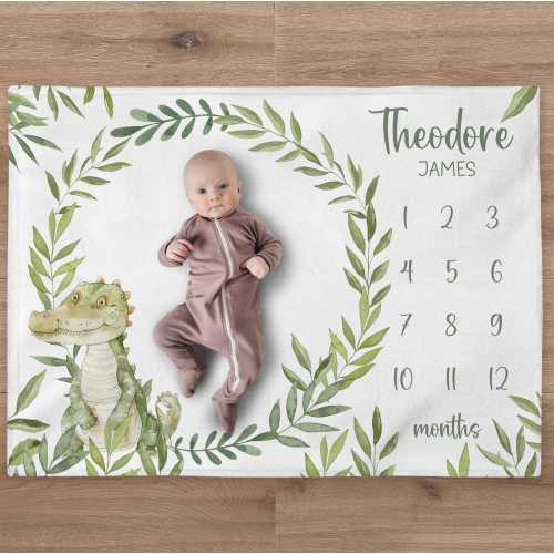 Crocodile Milestone Blanket, Personalized Alligator Baby Boy Month Blanket, Nursery Custom Newborn Growth Tracker, New Mom Baby Shower Gift