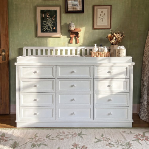 One Allium Way® 59.9'' W 100% Solid Wood 12-Drawer Changing Table Dresser In White | Wayfair