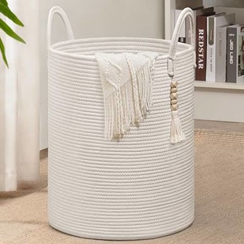 Goodpick White Laundry Basket with Handles, Tall Woven Laundry Hamper for Clothes, Towels, Pillows, Toys, Decorative Blanket Basket for Living Room, Bedroom, Playroom, 16 x 20 inches