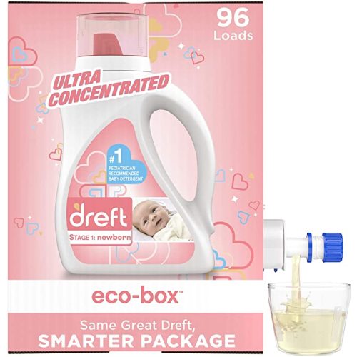 Dreft Stage 1: Baby Laundry Detergent Liquid Soap Eco-Box, Natural For Newborn, Or Infant, Ultra Concentrated He, 96 Loads - Hypoallergenic For Sensitive Skin - Laundry Detergent Ecobox, 96 loads