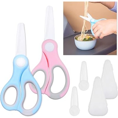 Kare & Kind 2x Ceramic Baby Food Scissors - Blue/Pink - With Dust Cover and Storage Case - Cut Baby Food Easily - Ideal for Noodles, Meat, Chicken, Veggies and Fruits (Blue & Pink - 2 pack)