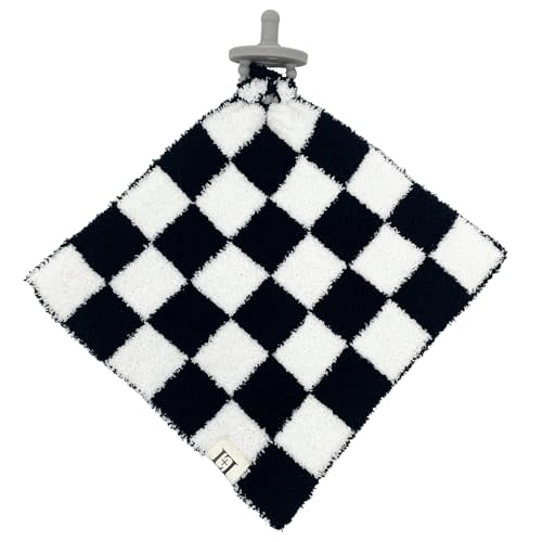Checkered Baby Lovey Pacifier/Teether Holder 10"x10" - DreamSoft Knitted Cuddly Soothie Reversible Mini Comfort Blanket - Cute Newborn Gift Essential for Babies Boys and Girls (Black/White)