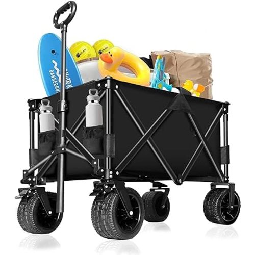Large Collapsible Wagon, Heavy Duty Foldable Beach Wagon Cart Max Loading Weight 440LBS 4'' Width Big Wheels for Beach, Garden and Camping