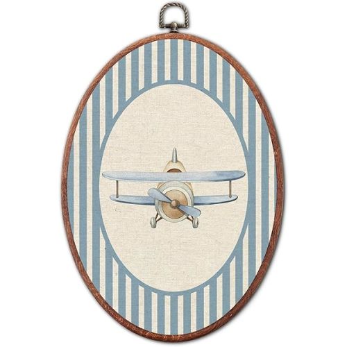 Vintage Airplane Nursery Oval Wall Art Framed, Blue Striped Watercolor Vehicles Canvas Prints, Unique Decoration Hanging Wall Decor for Kids Toddler Room Bedroom Playroom, 8.6x11.4 Inch