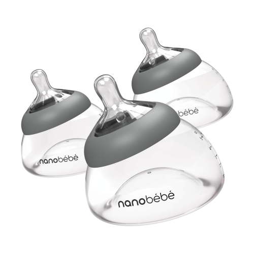 Nanobebe Breastmilk Bottle, Breastfeeding Newborn Breast-like, Anti Colic, Perfect Latch, Preserves Breast Milk Nutrients, 3-Pack, Grey