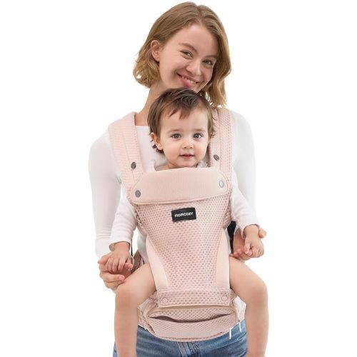 Momcozy Baby Carrier with Hip Seat, 2-in-1 Forward-Facing Carry for Active Babies, Detachable Hands-Free Carrier up to 44lbs, Breathable Infant Carrier Fits Waist Sizes up to 47 Inches, AirMesh Pink