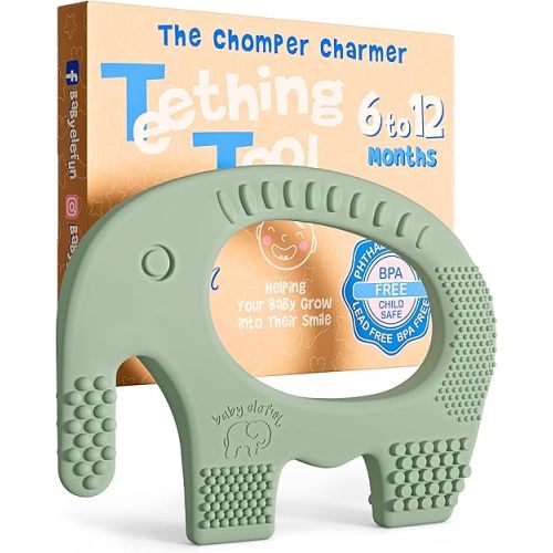 Teething Toy Babies 6-12 Months - Baby Elefun 5x Pain Relief Toddler Teether - No More Ouch for Mom Anti Bite Trainer Nurtures Grasping, Passing, Hand Eye Coordination, Silicone Baby Teething Toy Ring