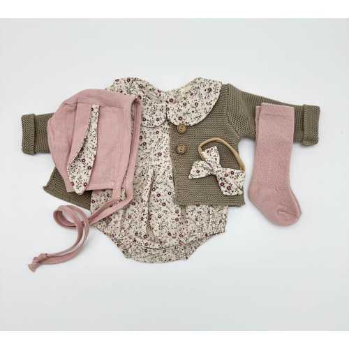 Baby Girl Cotton Floral Romper | Easter Bunny hat | OPTION SETS| socks + Bow + Cardigan | Allie Floral pink