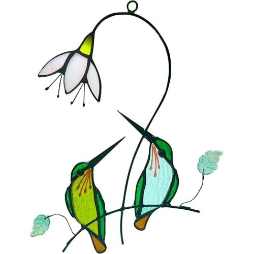 Hummingbird with Flower Stained Glass Suncatcher Bird Stained Glass Window Hangings Hummingbird Gift for Women Home Decor