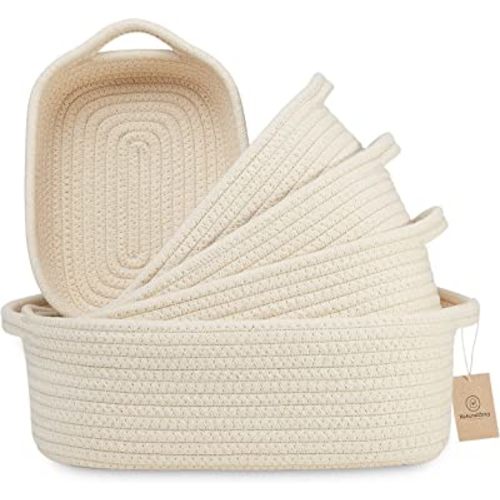 NaturalCozy 5-Piece Rectangle Storage Basket Set- Natural Cotton Rope Woven Baskets for Organizing! Small Basket for Montessori, Baby Nursery, Dog Toy Baskets, Cat Toy Box, Bathroom Organization Bin