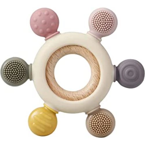 PandaEar Baby Teething Toy| Silicone Rudder Baby Teether 0-6 6-12 Months with Wooden Rings for Soothing Teething Relief| Shower Gift for lnfants & Toddlers
