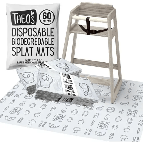 THEO'S MATS 60 Count Disposable Mats for Under High Chair - 100% Biodegradable & Compostable 47" x 29" Splat Mat Floor Covering | Baby Led Weaning Supplies for Home or Restaurants, Gray
