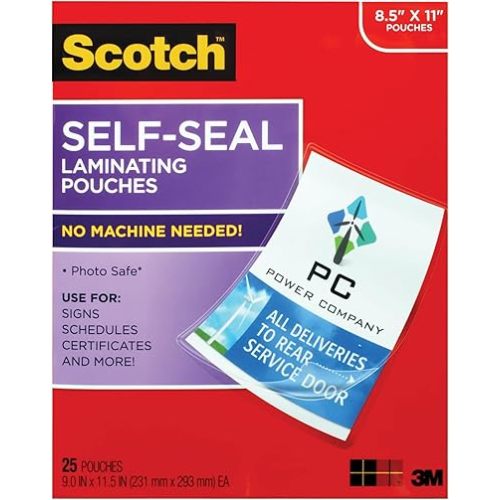 Scotch Self-Seal Laminating Pouches, No Laminator Needed, Letter Size 9.0 in x 11.5 in, 25-Pack