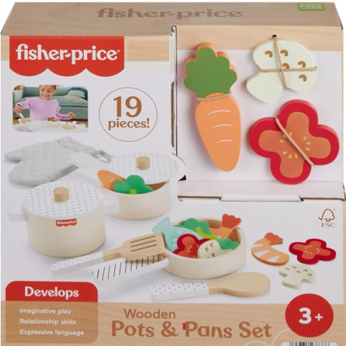 Amazon.com: Fisher-Price Wood Kitchen Pretend Play Toy Pots & Pans Set, 19-Piece Playset Wooden, Metal & Fabric for Preschool Kids Ages 3+ Years