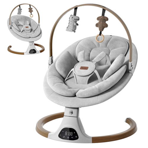 Babyomi Baby Swing with Auto Rocking, Adjustable Recline & Speed, Remote Control, Timer, Bluetooth Music, Toy Bar & Secure 5-Point Harness for Infants, Grey