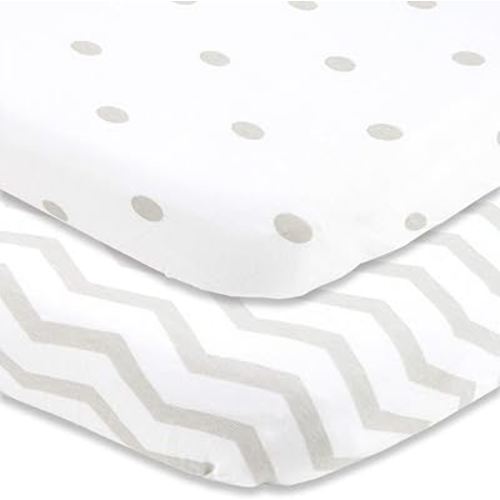 Cuddly Cubs Pack and Play Sheets Fitted – for Graco Pack n Play Playard – 2 Pack – Snuggly Soft Jersey Cotton Mini Crib Mattress Sheets Set for Baby Boy, Girl – Grey Polka Dots, Chevron