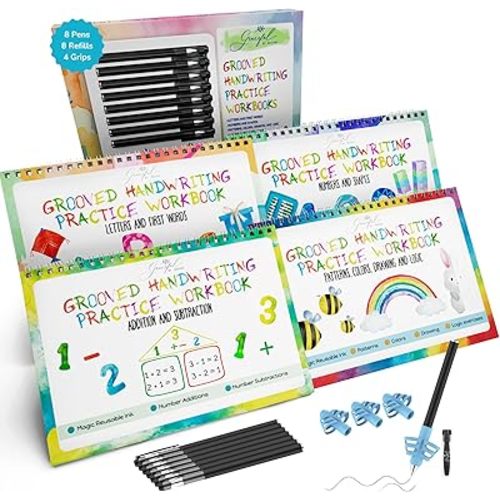 Grooved Handwriting Practice Books for Kids 3-7 | Reusable Letter Tracing with Mess-Free Disappearing Ink | Teacher-Designed | Magic Grooved Writing Practice Books | Full Set