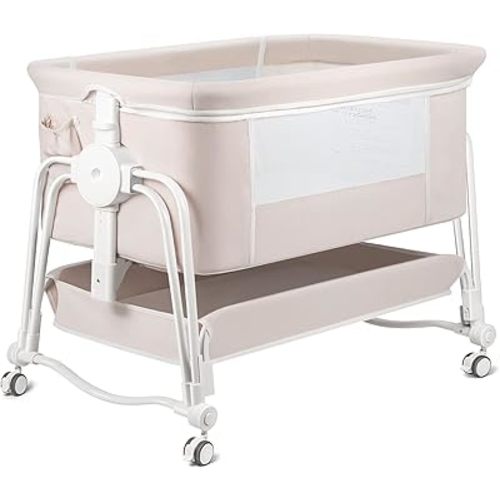 4 In 1 Baby Bassinet, Rocking Bassinet for Baby, baby bassinets Bedside Sleeper with Wheels, Storage, Mosquito Net and matress included, 7 Level Adjustable Bedside Bassinet for Baby Newborn(Cream)