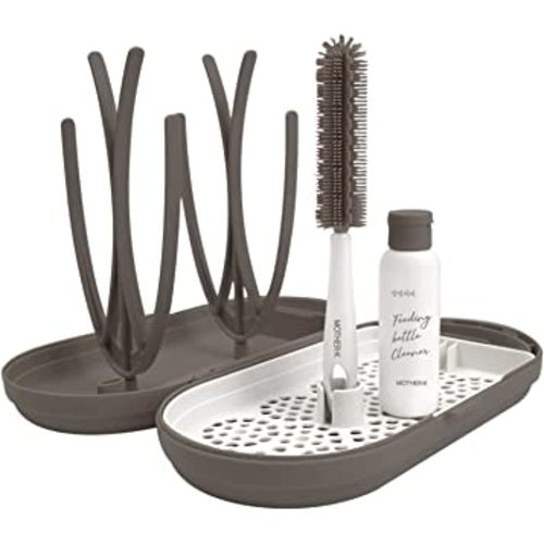MOTHER-K Travel Baby Bottle Drying Rack with Bottle Brush & Soap Dispenser, Baby Essentials for Travel (Brown)