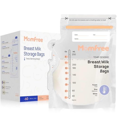Sterile Breastmilk Storage Bag with Pour Spout 8 Ounce, Temp-Sensing Color Change, Fast Freeze & Thaw Breast Milk Bags for Baby Bottle Feeding, No-Leak Milk Freezer Storage Pouches 60pcs