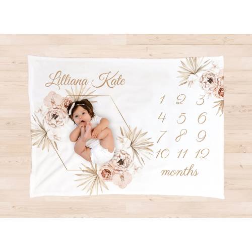 PERSONALIZED GIRL BABY Milestone Blanket Girl Pink Flower Monthly Floral Month Custom Age Growth New Mom Baby Shower Gift Neutral Boho Minky