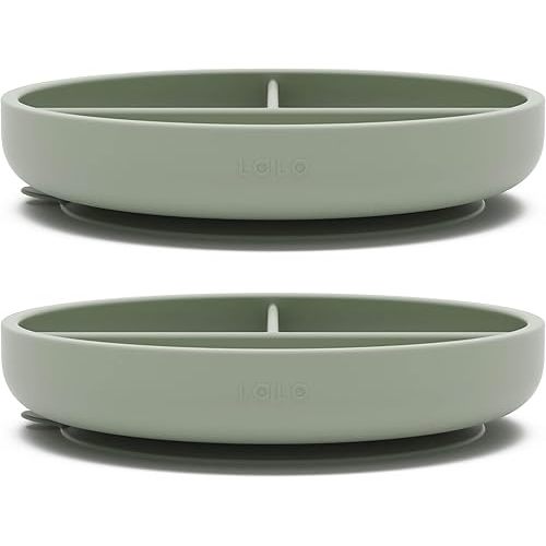 Lalo Suction Plates - 2 Pack, 100% Silicone Non-Toxic BPA-Free Baby Plates with Suction Base To Prevent Accidental Tip-Overs - Suction Plates for Toddlers With Three Divided Sections - Sage