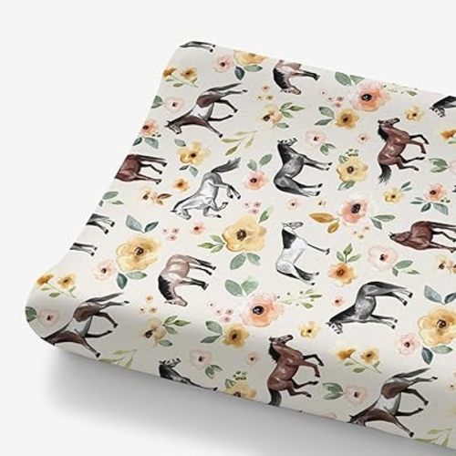 HawSkgFub Watercolor Horse Floral Changing Pad Cover for Baby Girls, Western Farm Animal Flower Diaper Change Table Sheet, Soft Stretchy Breathable Safe Snug Fitted Changing Mat Fit 32"/34" x 16"