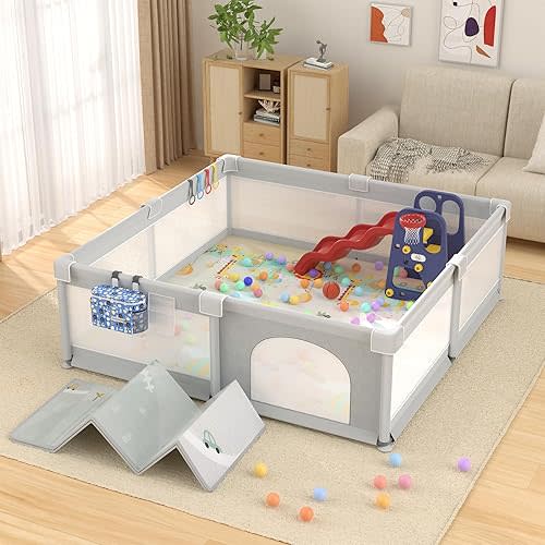 LUTIKIANG 79" x 71" Baby Playpen with Upgrade Mat, Portable Play Yard for Babies and Toddlers, Extra Large Baby Gate Playpen, Play Pin, Fence Area, Includes Ocean Balls, Pulling Rings