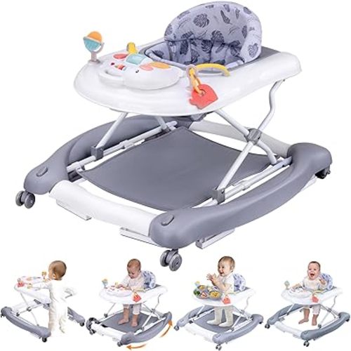 Foldable Baby 5-in-1 Activity Walker - Rocker, Activity Center, Bouncer, Seat, Push Walker - Adjustable Speed Rear Wheels and Height Toys Ages 6-18 Months (Grey)
