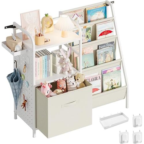Kids Bookshelf and Toy Storage Organizer, Metal 4 Tier Kids Bookcase with Movable Drawer & Side Pegboard Montessori Book Sling Shelf for Nursery Furniture, Bedroom, Playroom, White